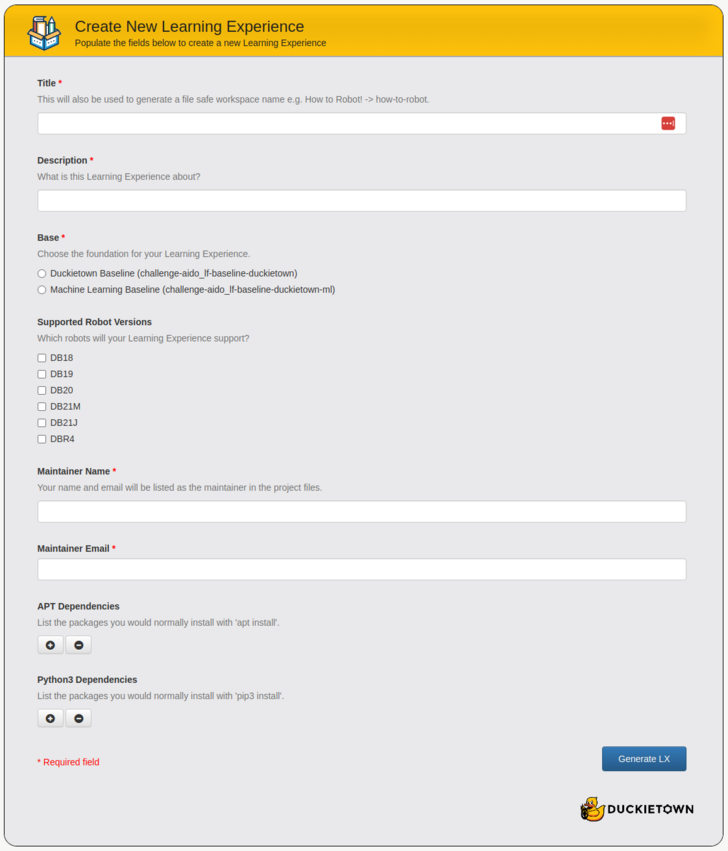 The LX create tool configuration interface.