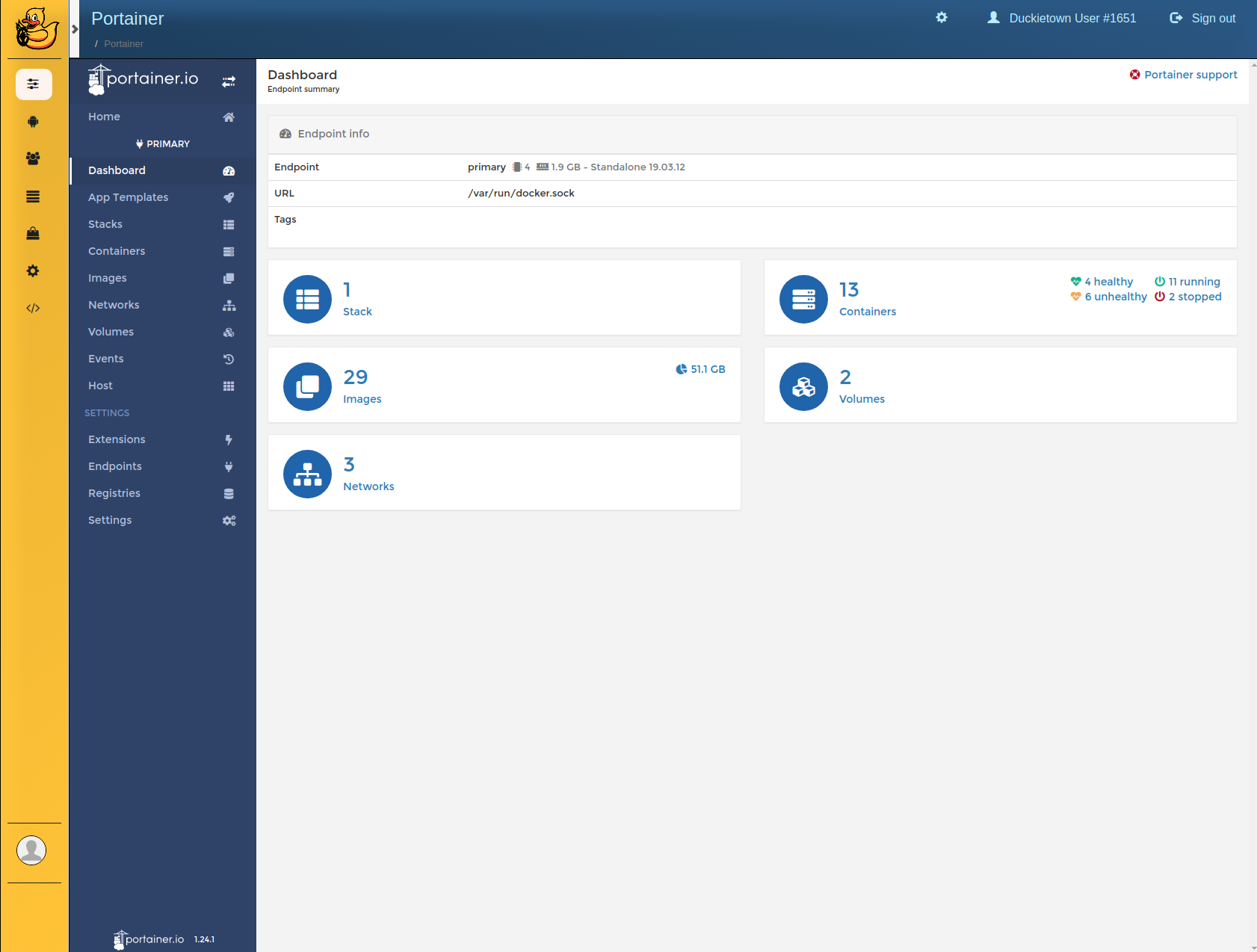 The Portainer page of the Dashboard.