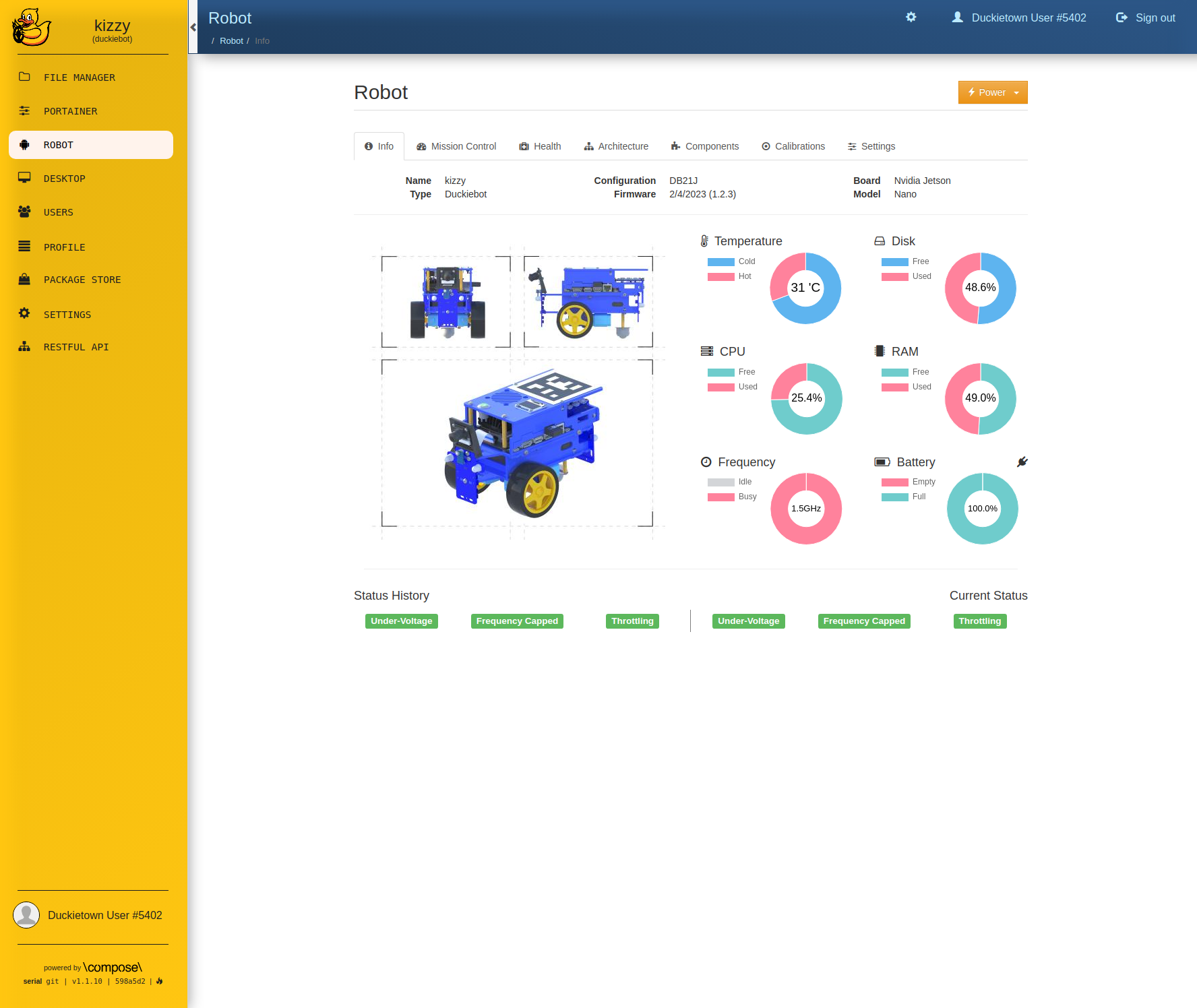 The Info tab on the Robot page of the Duckietown Duckiebot Dashboard